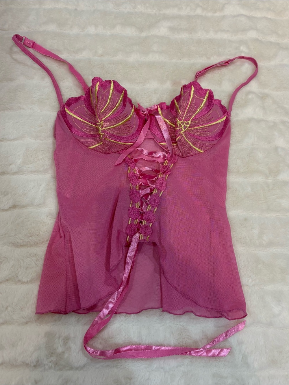 Vintage Pink Sheer Lace-Up Camisole with Gold Embroidery